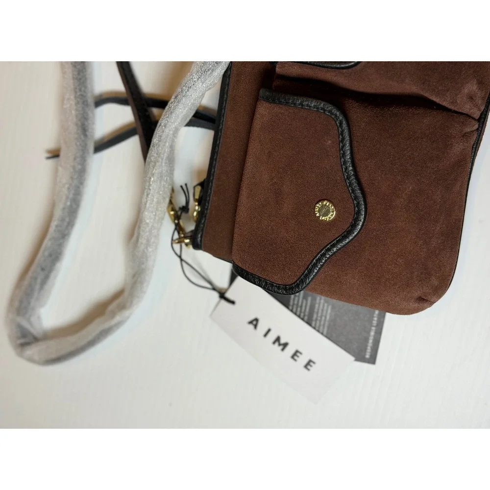 Aimee Kestenberg Bal Harbour Crossbody Brown Suede Leather Gold Hardware Womens